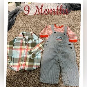 OshKosh B'gosh Blue & White Striped Overalls and 2 Shirts 1 plaid lg sleeves 9 M